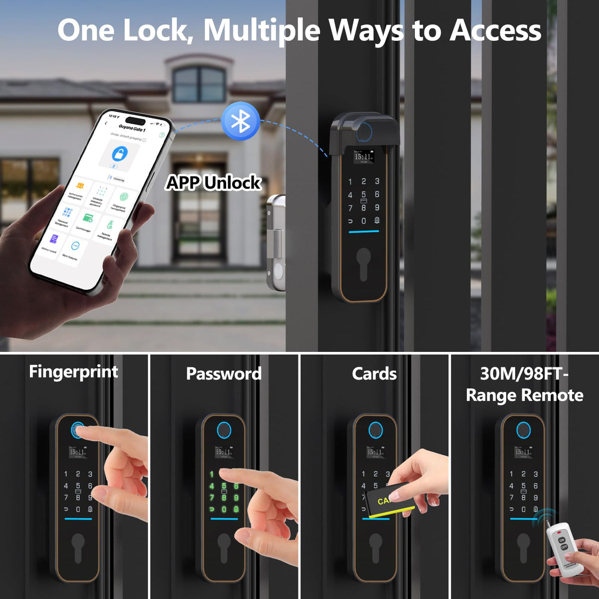 Double Sided Fingerprint Gate Lock, IC Card NFC Remote Control