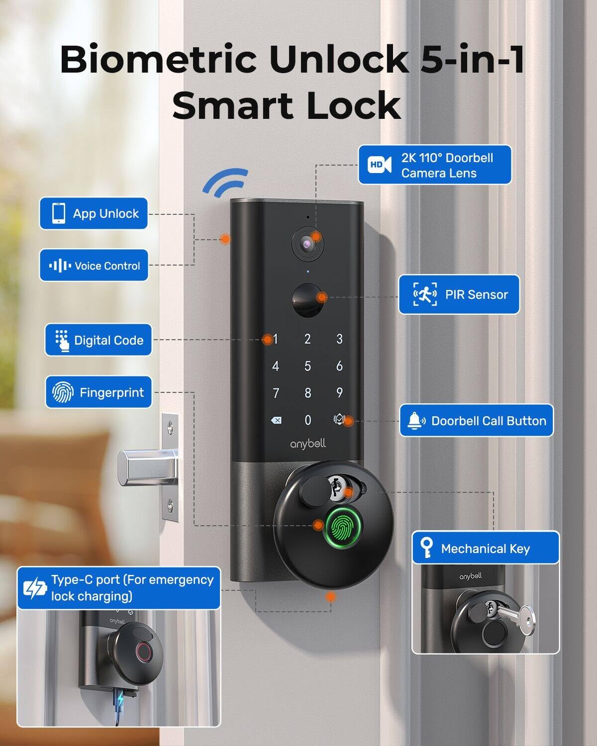 Fingerprint Door Lock, Keyless Entry Smart Deadbolt, Built-in WiFi, Black