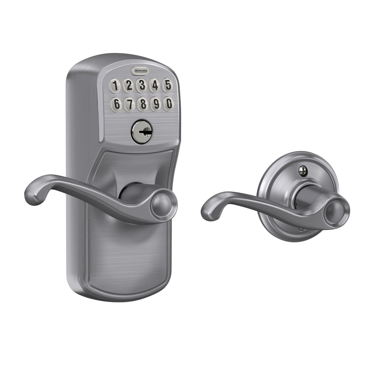Schlage Electronic Keypad Lock, Lever Handle, Camelot Trim, Satin Chrome