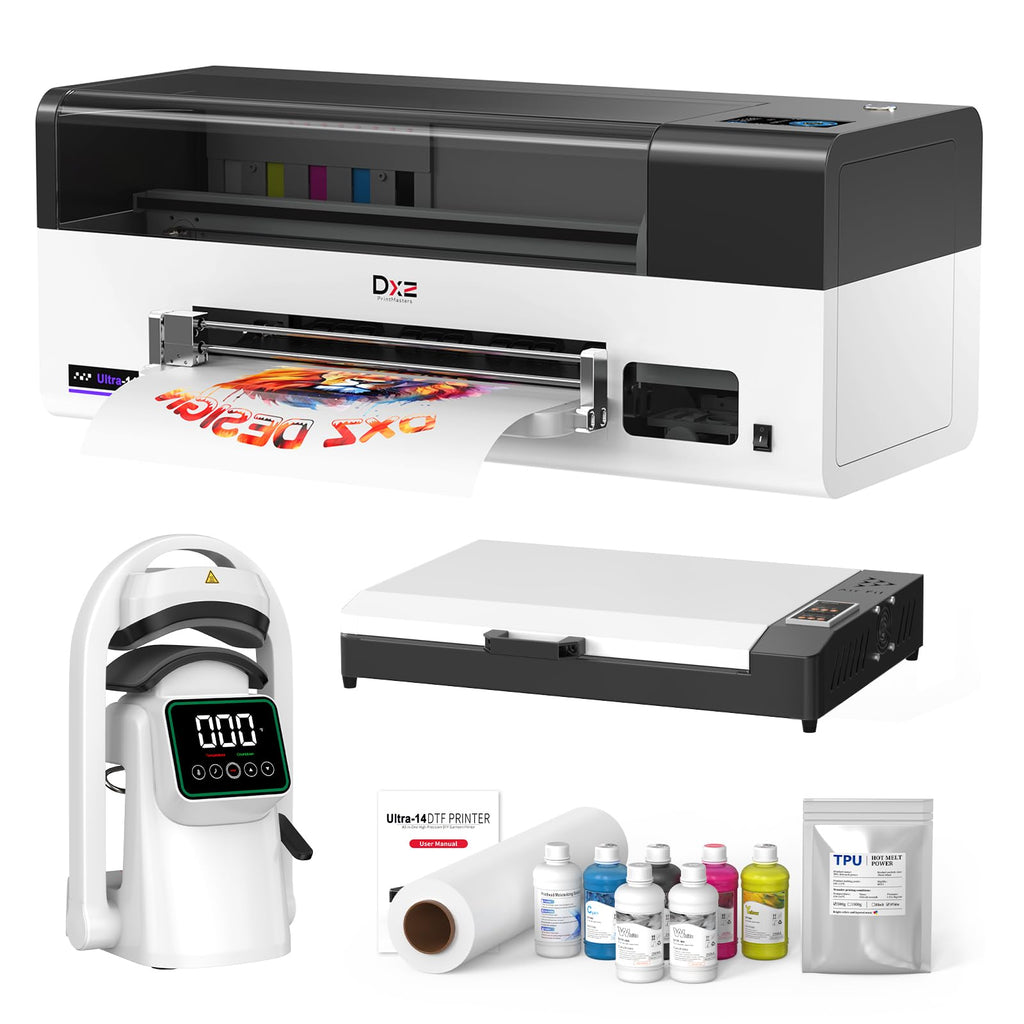 DXZ 2026 14'' A3 DTF Printer Bundle, F1080 Printhead High Speed DTF Machine for Multi-Fabric, One-Click Print-to-Bake & 24/7 Auto-Maintenance, 2-Year Ink Included