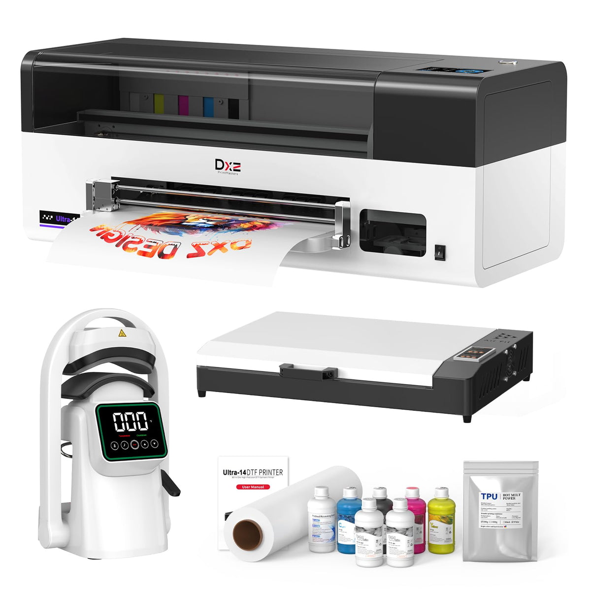 DXZ 2026 14'' A3 DTF Printer Bundle, F1080 Printhead High Speed DTF Machine for Multi-Fabric, One-Click Print-to-Bake & 24/7 Auto-Maintenance, 2-Year Ink Included