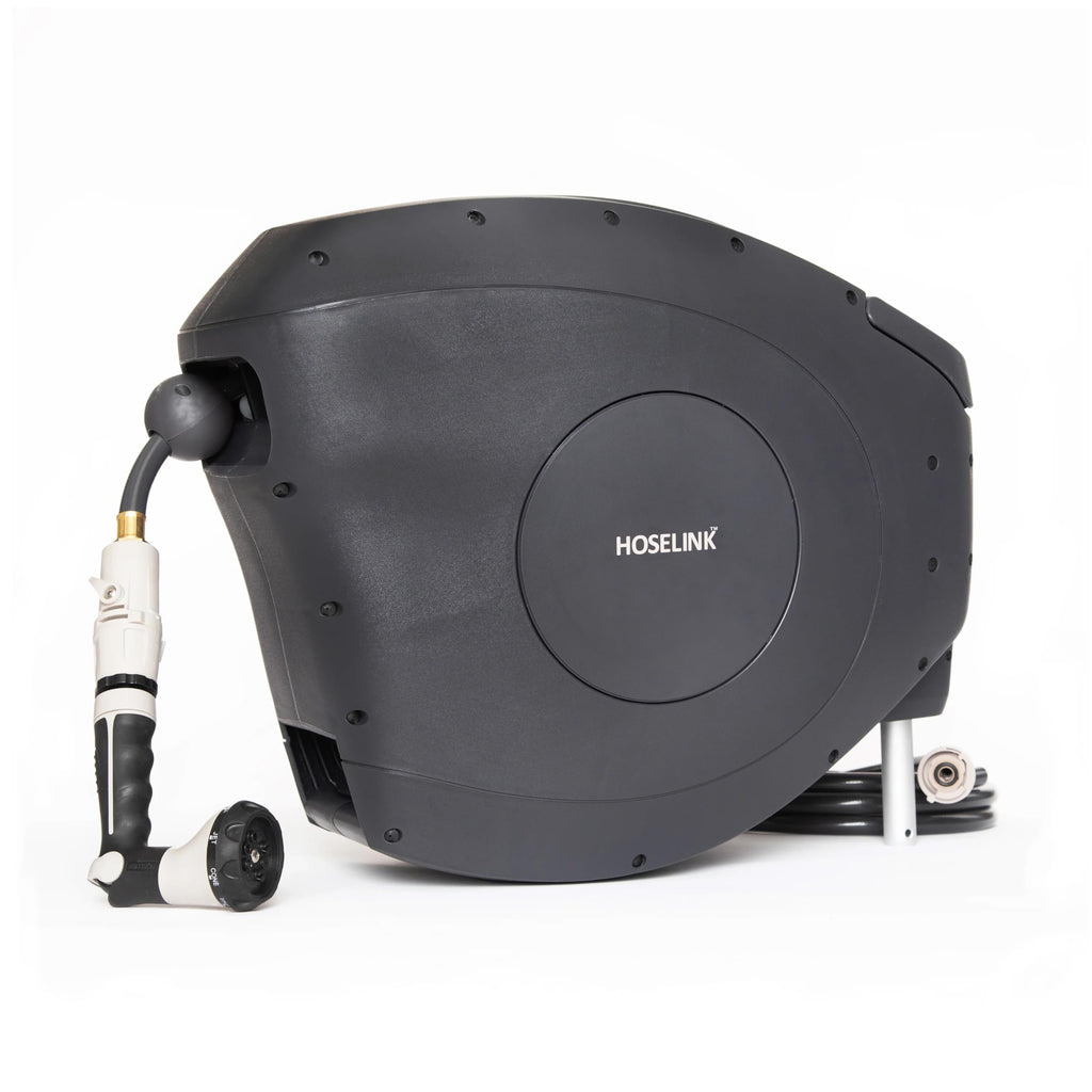 HOSELINK Classic Charcoal 100ft Automatic Retractable Garden Hose Reel, 1/2" UV-Stabilized Kink-Free Hose, Wall Mounted Complete Watering Solution for Backyard, Garden & Outdoor