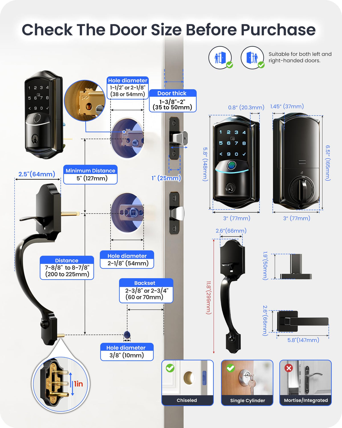 Veise VE027-H Wi-Fi Smart Lock for Front Door with Handle Set, Matte Black