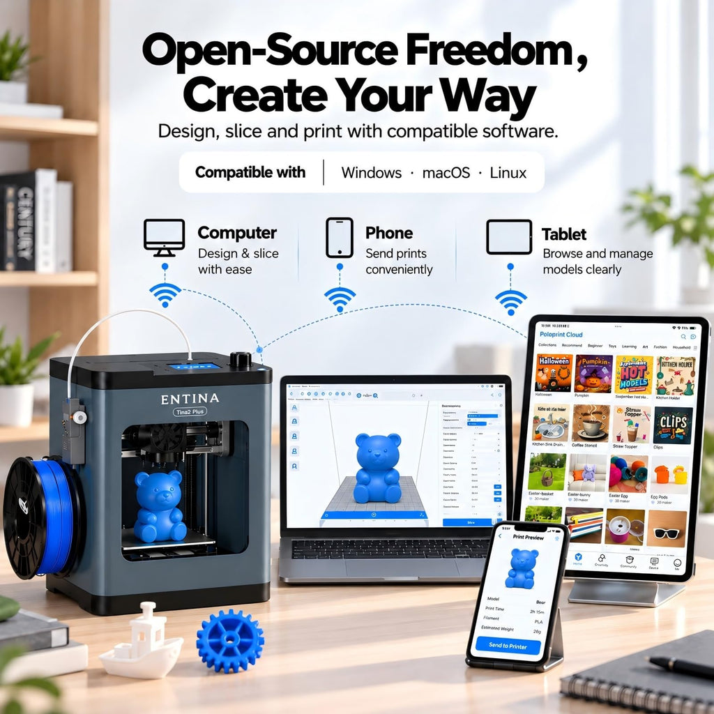 Entina Tina2 Plus 3D Printer, 250mm/s Fast Printing 3D Printer for Beginners & Kids, WiFi & App Control, Fully Assembled, Auto Leveling, PEI Build Plate, Open Source Mini 3D Printers for Home & School
