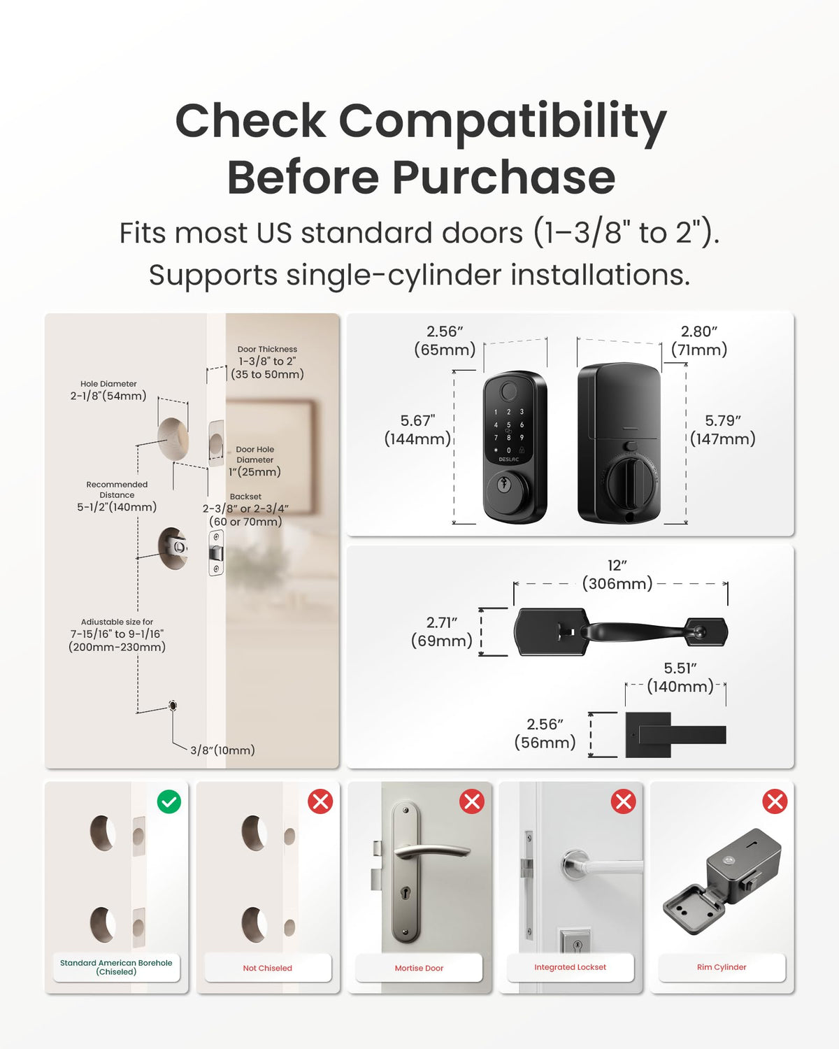 DESLOC B200 Smart Front Door Lock Handle Set, Fingerprint & App Control