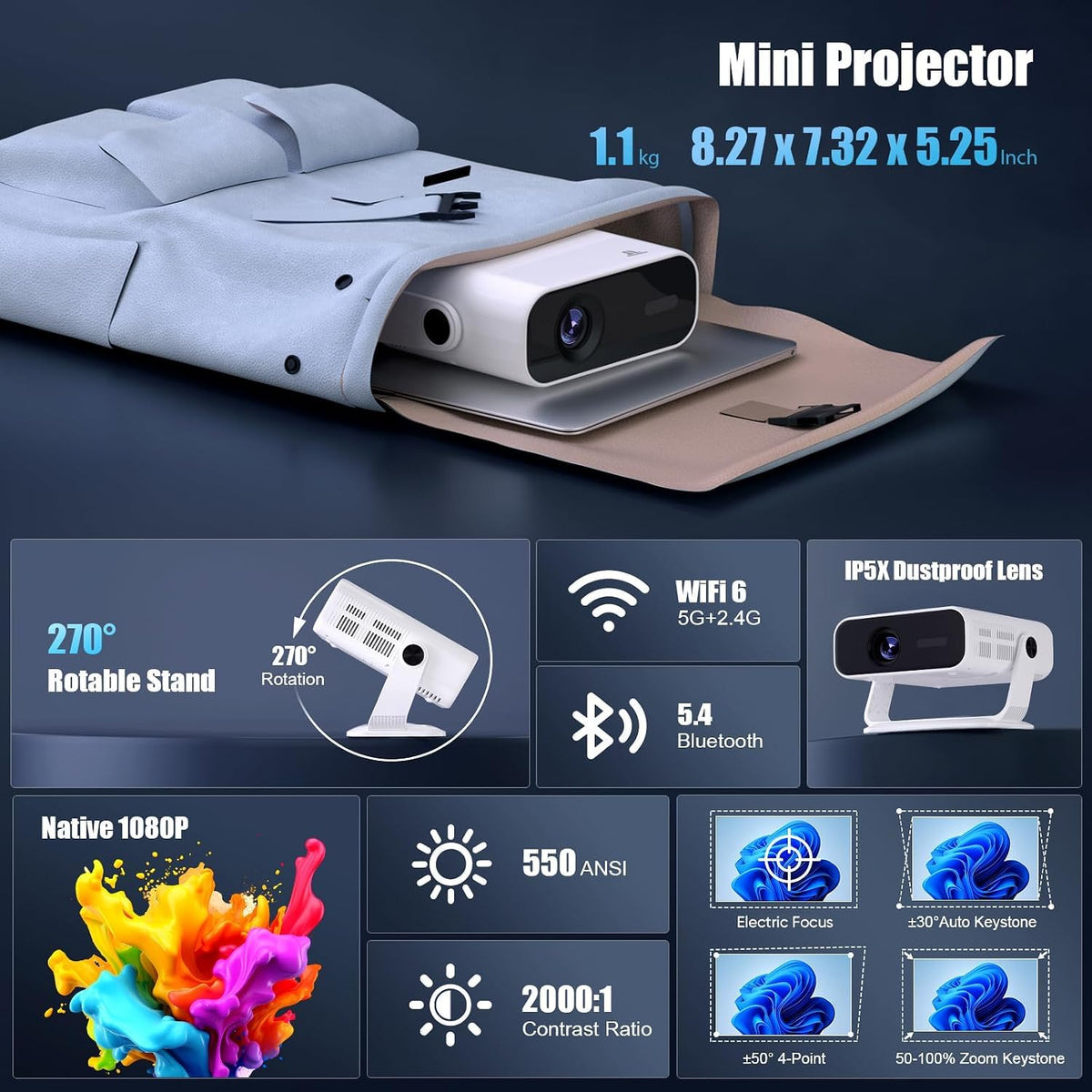 2026 New Smart Projector Built-in Apps Android 14 Native 1080P 4K Supported