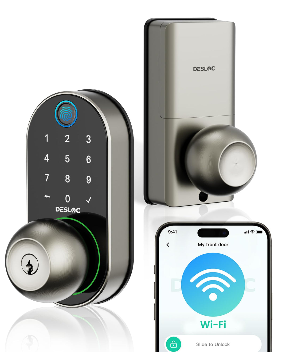 DESLOC D212 Fingerprint Door Knob Lock, Built in WiFi, 8-Month Battery