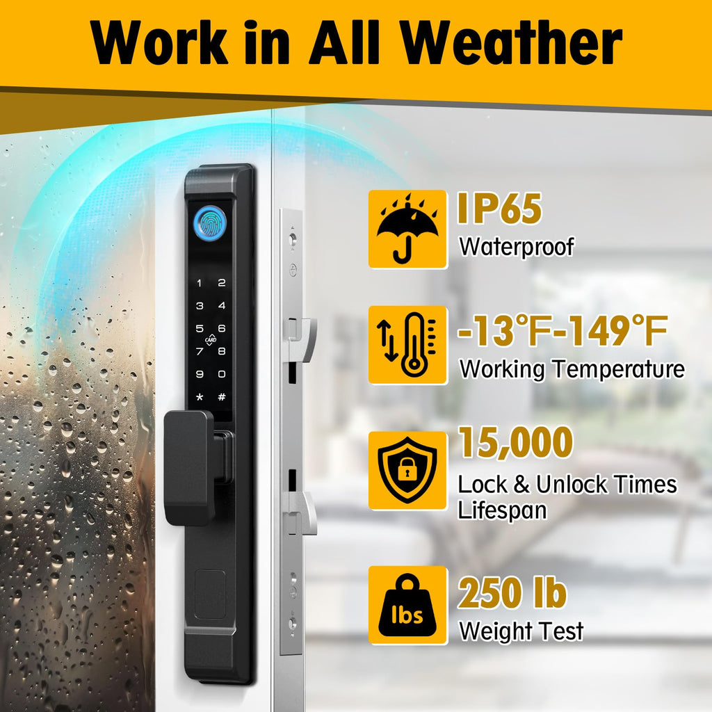 Sliding Glass Door Lock, Sliding Door Smart Lock with Fingerprint Keypad RFID Card Bluetooth App Key, 2885 Mortise Deep Pocket Patio Door Lock with Handle