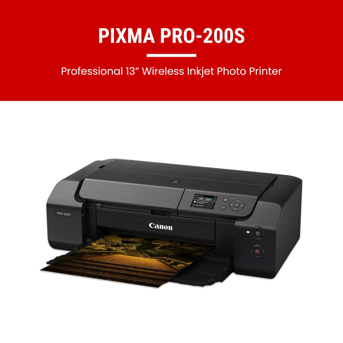 Canon PIXMA PRO-200S Professional 13" Wireless Inkjet Photo Printer, 3" Color LCD, 8-Color Dye Ink, Black