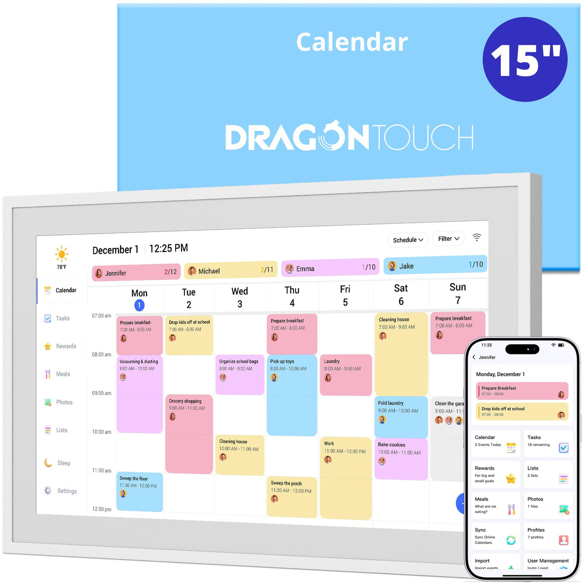Dragon Touch 15.6" Digital Calendar & Chore Chart for Family, 1080P Smart Planner with Touchscreen, Real-Time Sync with Google, Outlook & iCloud, No Monthly Fee, Digital Picture Frame, Wall & Desk Mountable, White
