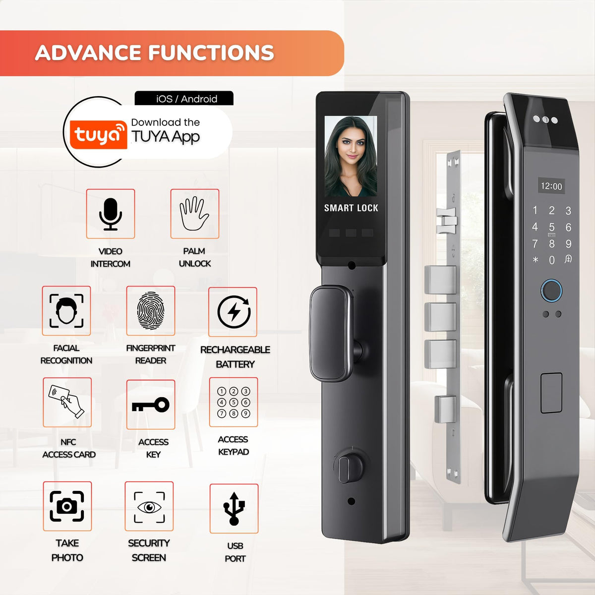 Smart Door Lock with Facial Recognition, WiFi Camera and Tuya App, Keyless Entry Electronic Door Lock for Smart Home Security