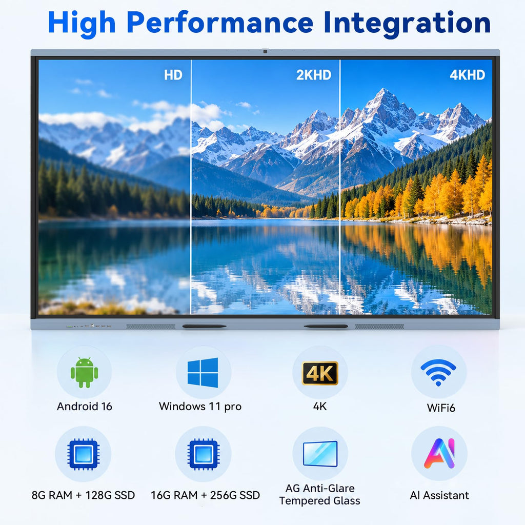 75" AI Pro Smart Board for Classroom & Office, Android 16 & Win 11 16G RAM+256G ROM, 48MP Camera Build in 4K UHD Interactive Whiteboard with Touchscreen & 8 Mic Array,Electronic Whiteboard for Meeting