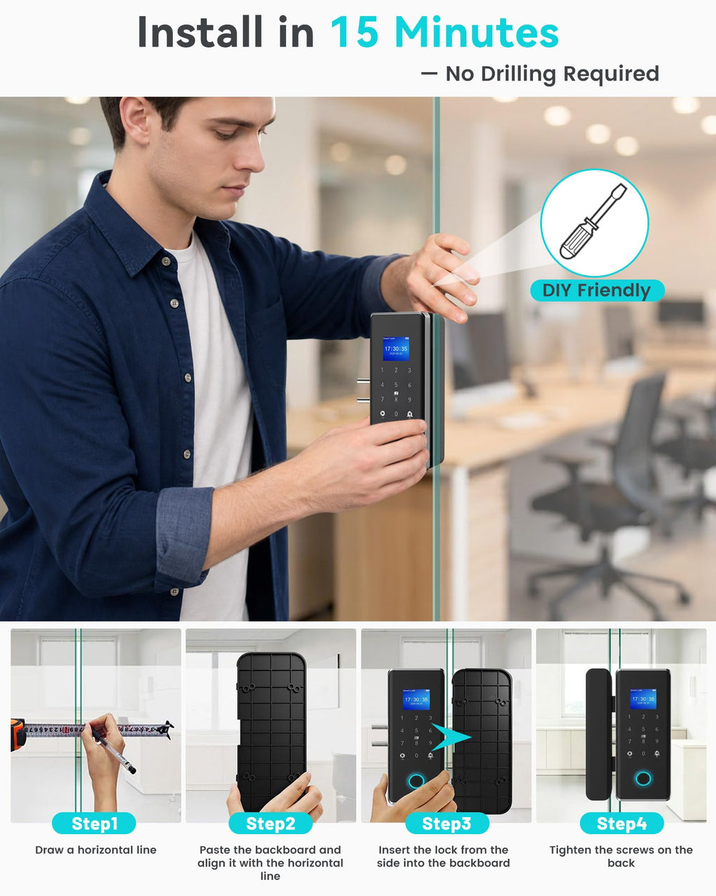 Smart Glass Door Locks for Frameless Glass Doors, No Drill Keyless Entry Gate Locks,4 in 1 Glass Locks,Fingerprint,IC Card,Password,APP, Door Lock for Office,Store,Cabinet,Shop (Zigbee)