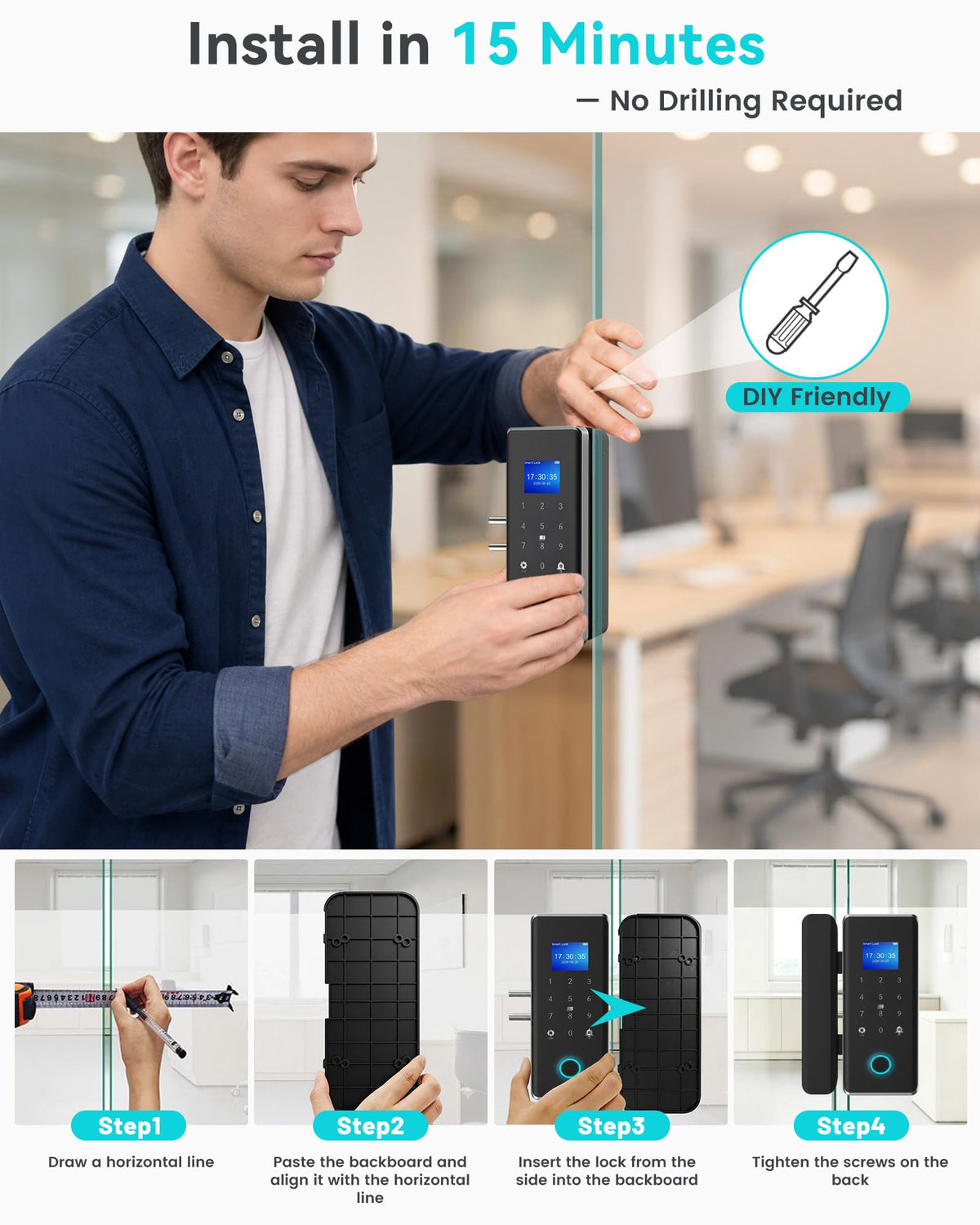 Smart Glass Door Locks for Frameless Glass Doors, No Drill Keyless Entry Gate Locks,4 in 1 Glass Locks,Fingerprint,IC Card,Password,APP, Door Lock for Office,Store,Cabinet,Shop (Zigbee)