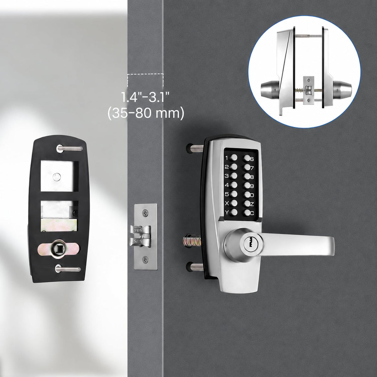 Keyless Door Lock with Handle, Battery-Free Mechanical Keypad Lock