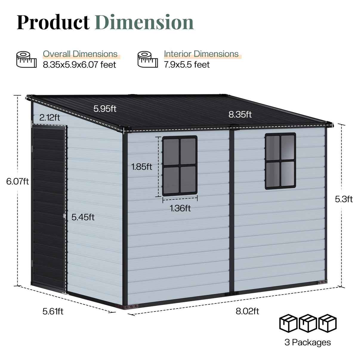 Jocisland 8 x 6 x 6 FT Resin Lean to Storage Shed with Floor, Slanted Roof, Lockable Door, 2 Windows, Outdoor Storage Shed for Backyard, Patio, Garden and Lawn