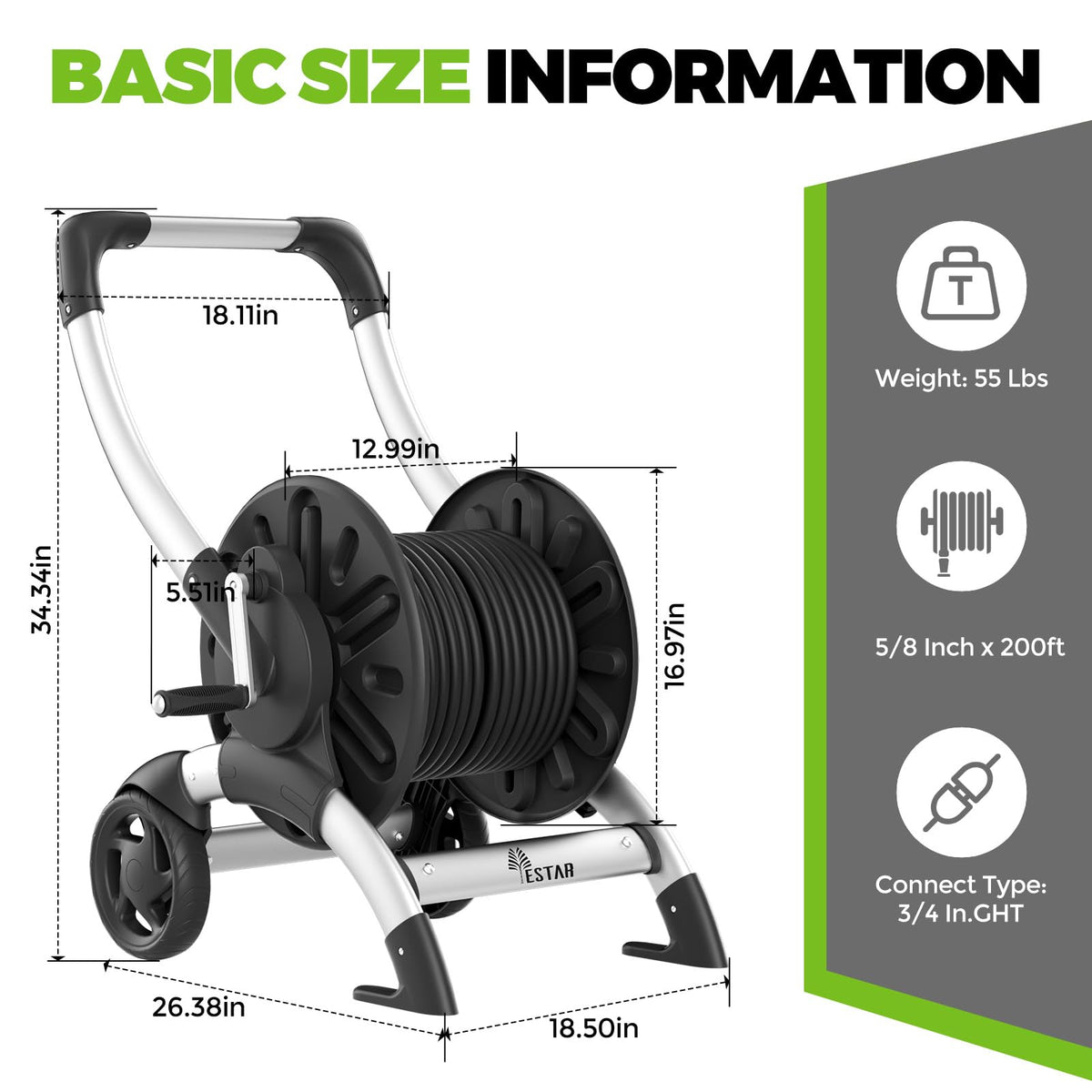 Upgrade Hose Reel Cart, Holds 200 Feet of 5/8" Hose