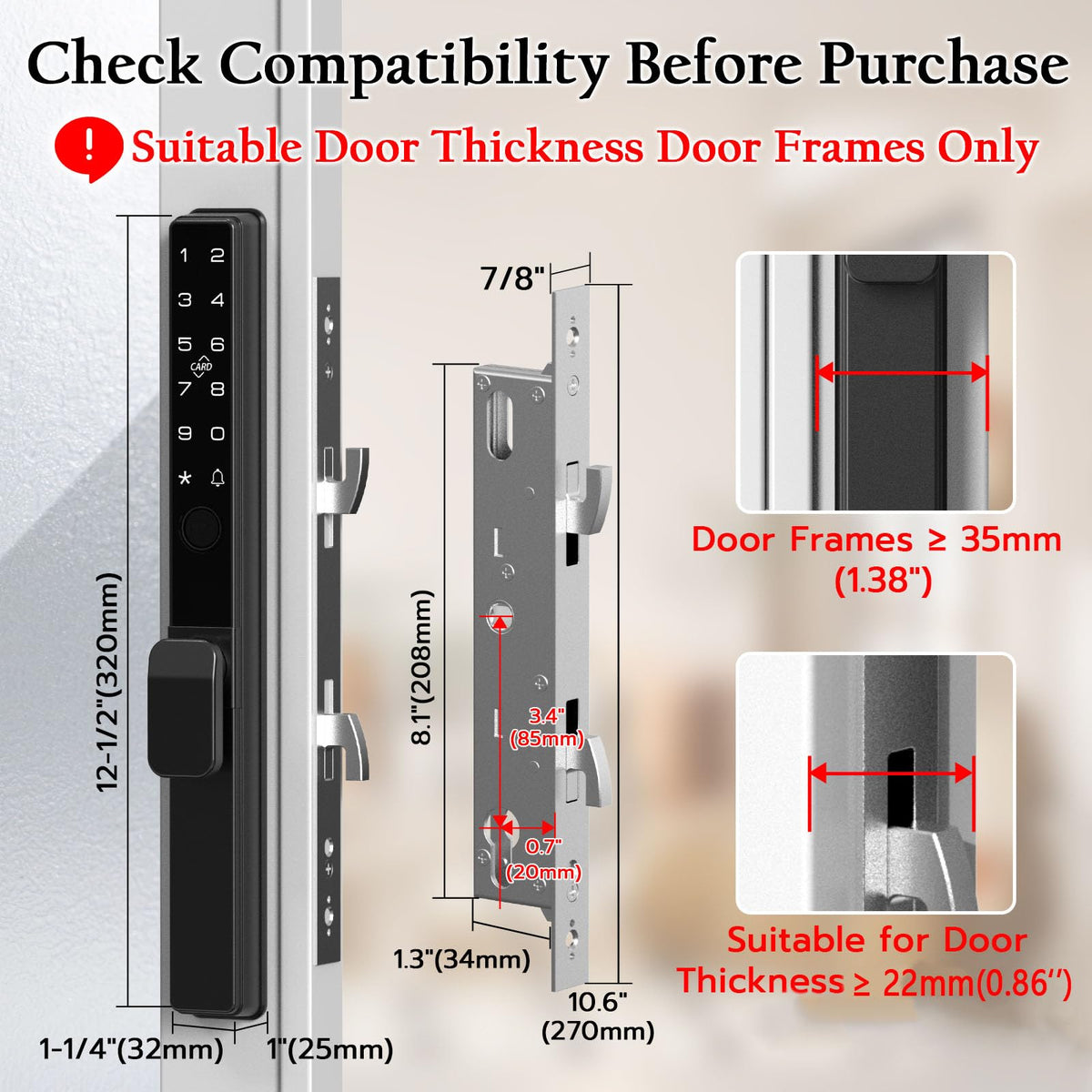 Fingerprint Slim Keypad Sliding Glass Patio Door Lock 2085 Hook Latch Tuya