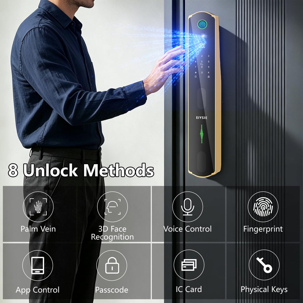 EIYSIE WiFi Front Door Lock, Smart Deadbolt with Camera & Doorbell, Gold