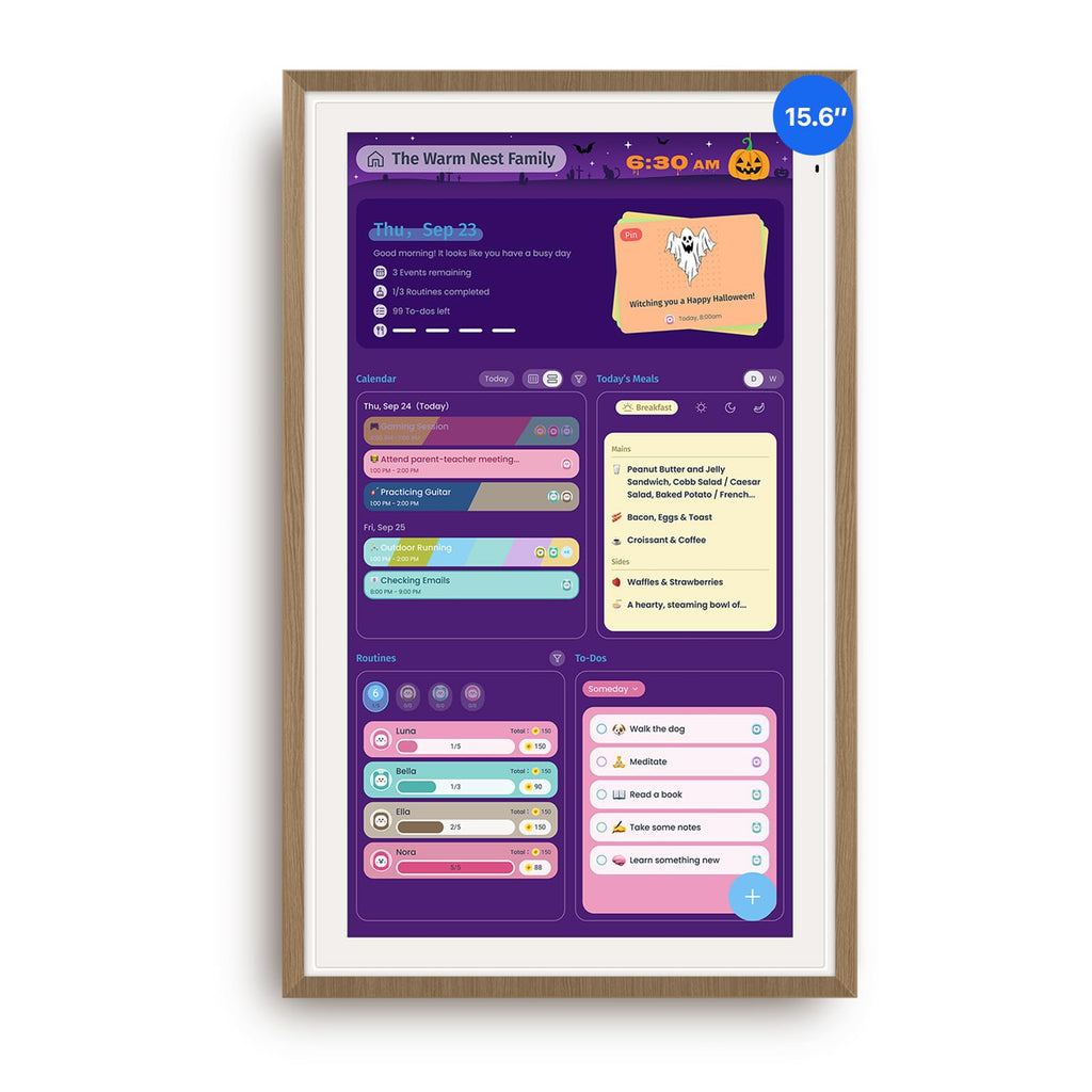 Apolosign 15.6-inch Digital Calendar, No-Subscription, Smart Wall Planner with Calendar Sync, Chore Chart, Meal, Apps & Dashboard, Electronic Display for Schedules, Dual Mode, with Stand (Teak)