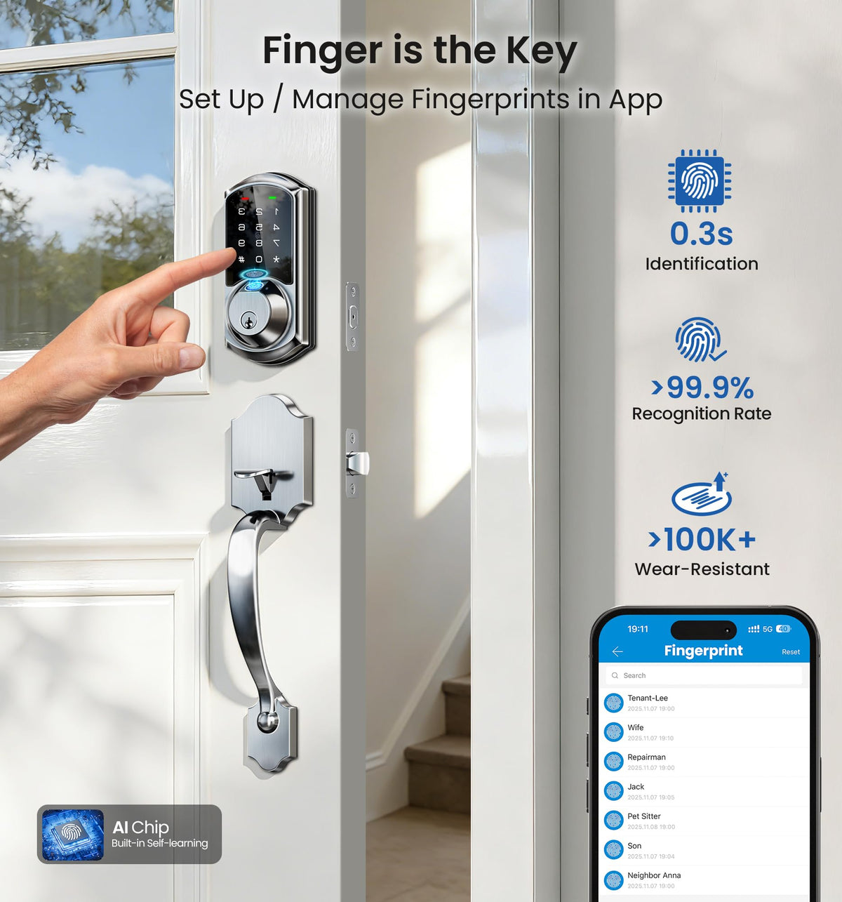 Veise VE07-H Fingerprint Smart Lock for Front Door Handle Set, Satin Nickel