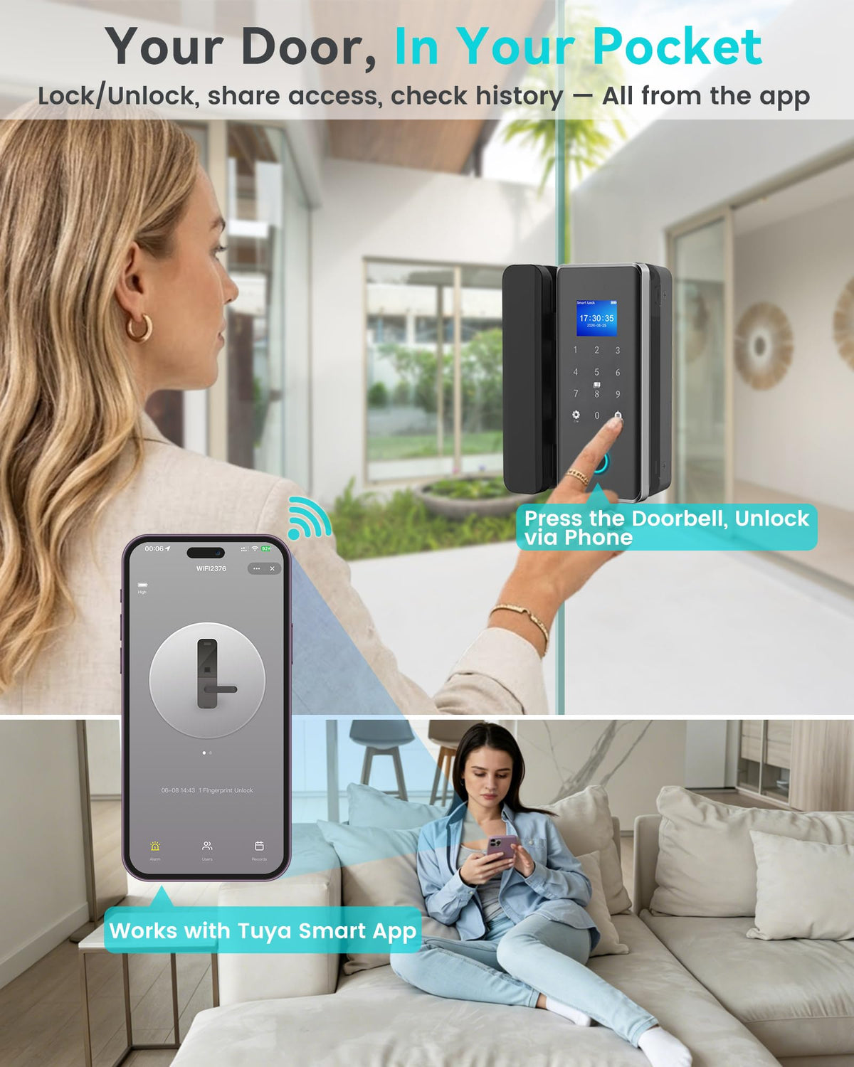 Smart Glass Door Locks for Frameless Glass Doors, No Drill Keyless Entry Gate Locks,4 in 1 Glass Locks,Fingerprint,IC Card,Password,APP, Door Lock for Office,Store,Cabinet,Shop (Zigbee)