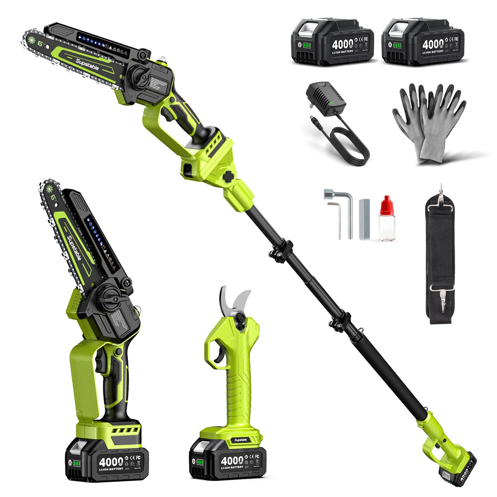 3-in-1 Cordless Mini Chainsaw & Hedge Trimmer with Grass Shears, 8-Inch 800W Brushless Chainsaw, 2 x 4000mAh Batteries, Garden Tool Kit for Tree Pruning, Hedge Trimming & Lawn Edging