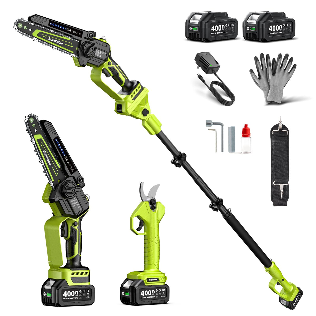 3-in-1 Cordless Mini Chainsaw & Hedge Trimmer with Grass Shears, 8-Inch 800W Brushless Chainsaw, 2 x 4000mAh Batteries, Garden Tool Kit for Tree Pruning, Hedge Trimming & Lawn Edging