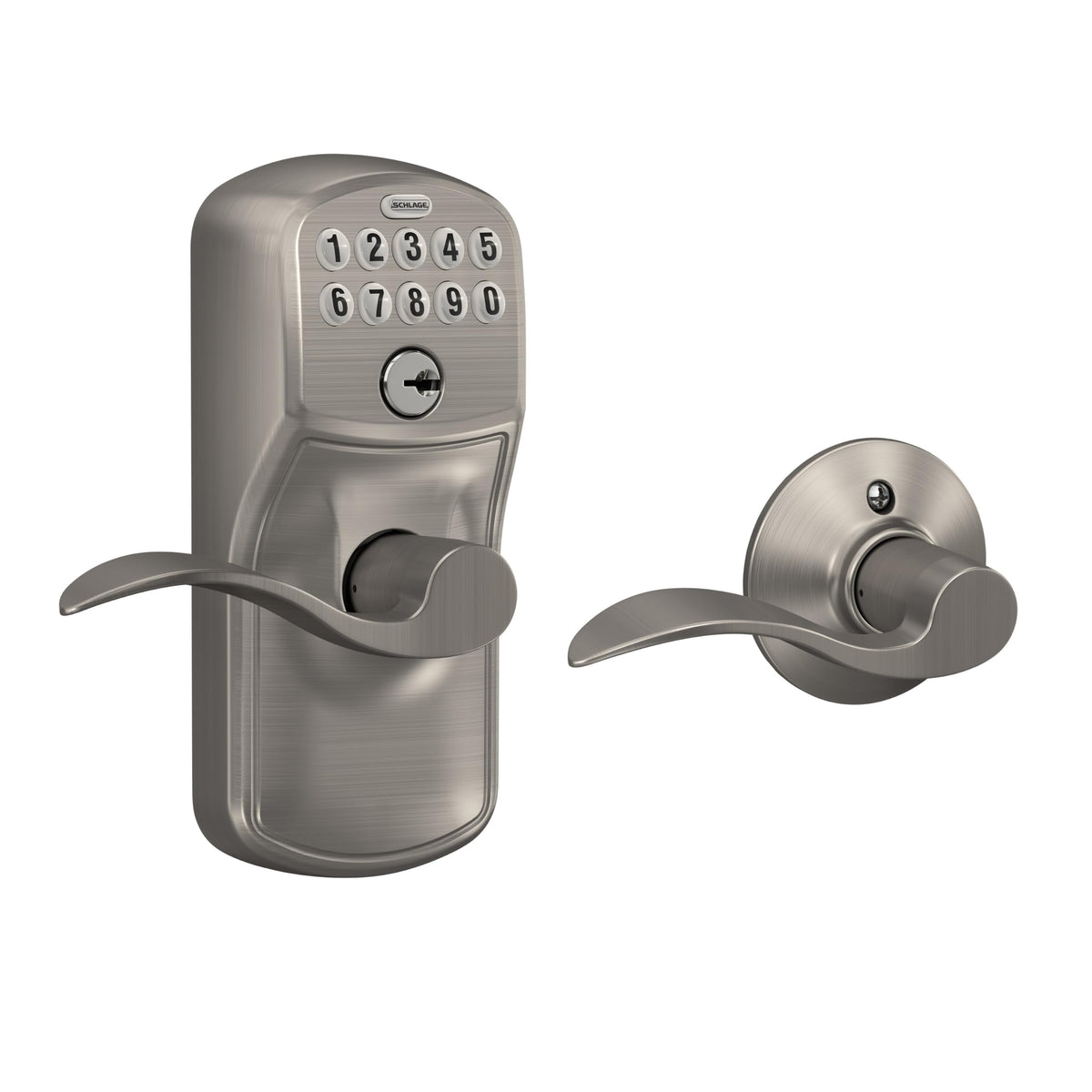 Schlage Electronic Keypad Lock, Lever Handle, Camelot Trim, Satin Chrome