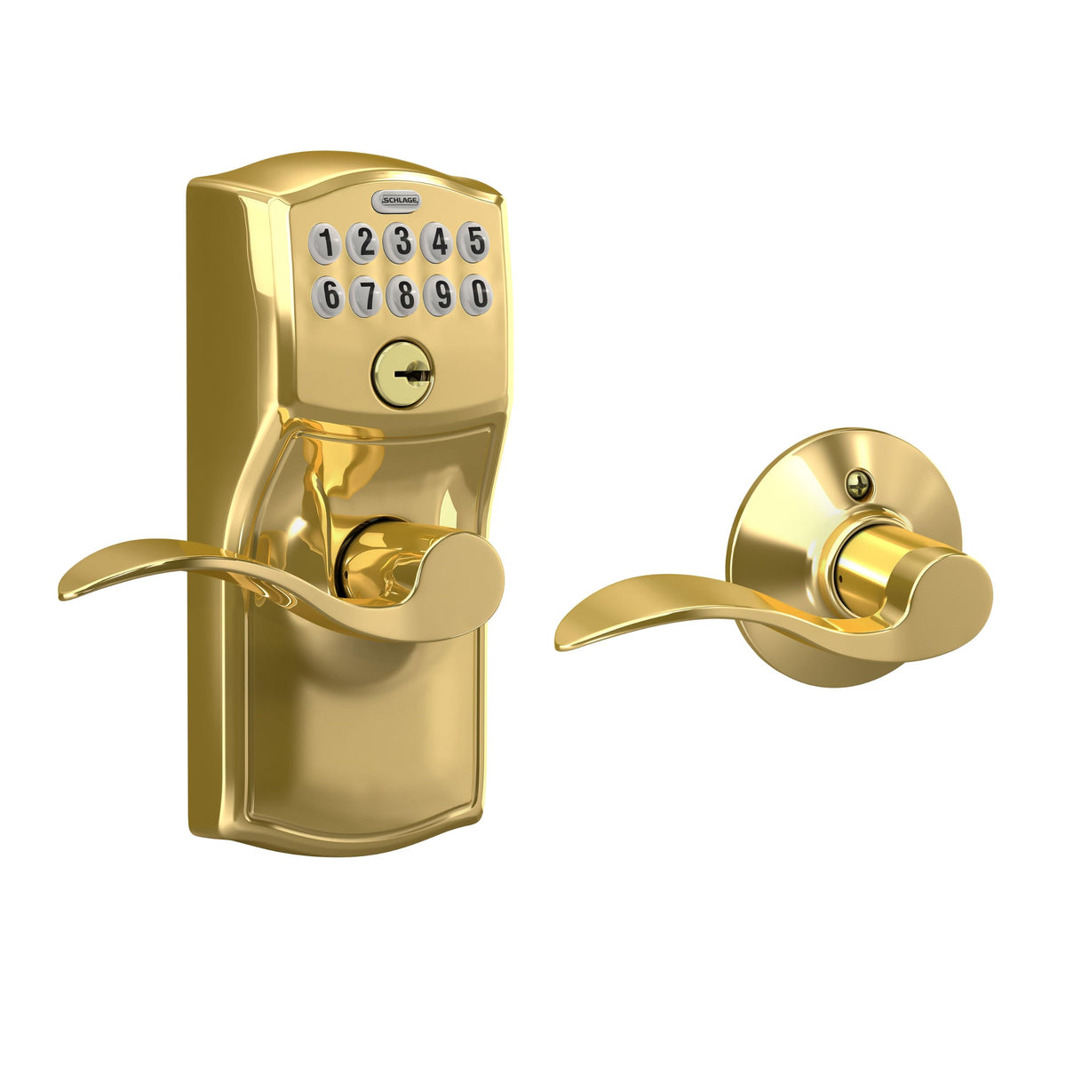 Schlage Electronic Keypad Lock, Lever Handle, Camelot Trim, Satin Chrome