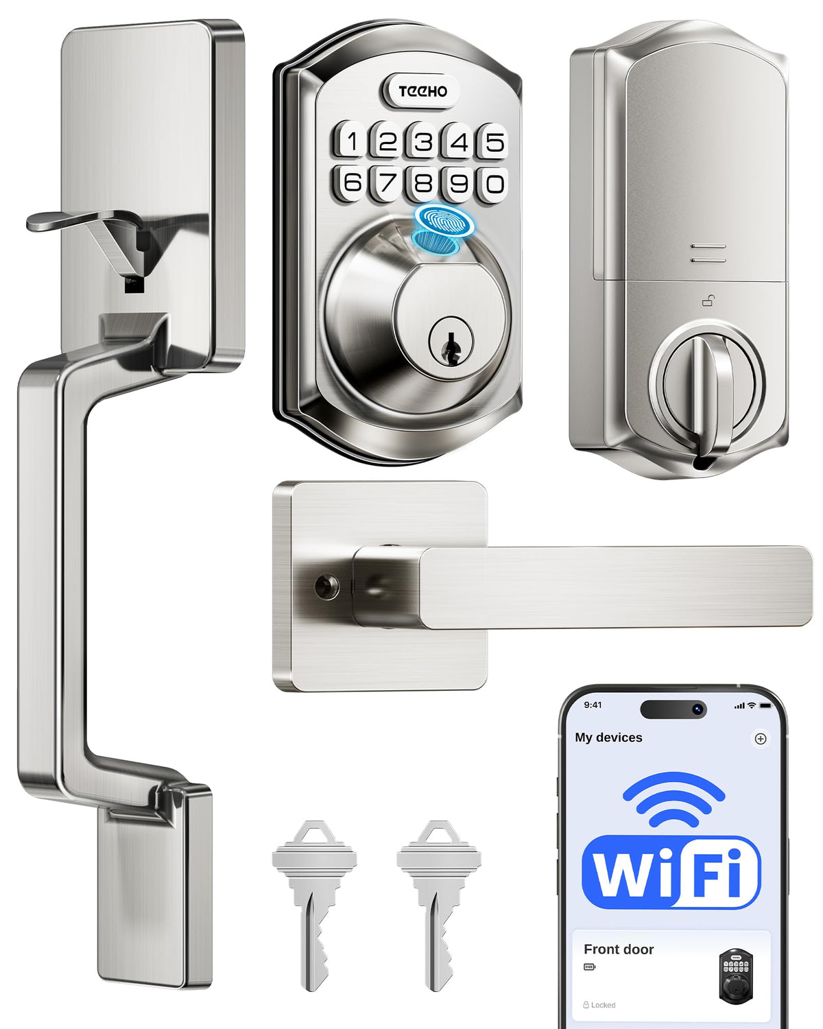TEEHO TE012W-H WiFi Fingerprint Door Locks for Front Door, Satin Nickel