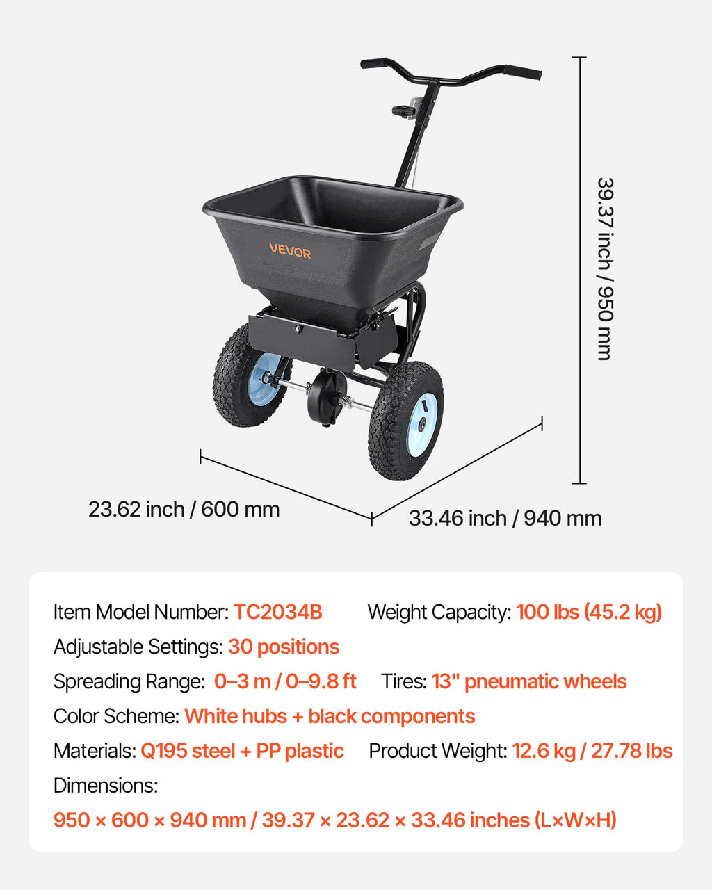 VEVOR Broadcast Spreader 130 lbs Capacity Hopper Walk-Behind Push Spreader | for Lawn & Garden Care, 12 ft Spreading Width, 13" All-Terrain Tires, Adjustable Flow Control for Fertilizer Seed Ice Melt