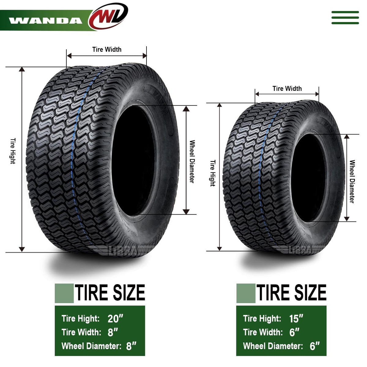 WANDA Set 4 15X6-6 & 20X8-8 Lawn Mower Tractor Turf Tires 4PR-13016/13035