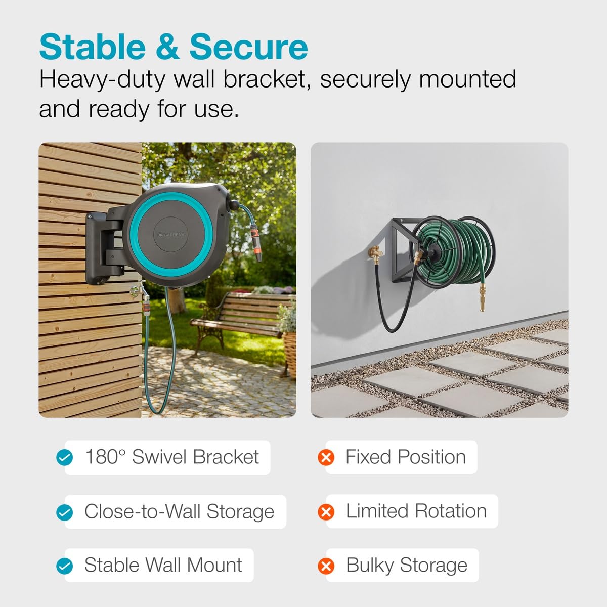 GARDENA Retractable Garden Hose Reel - 115 Feet - Auto Retract Hose Reel with 180° Swivel Wall Mount - Heavy Duty - Integrated Spray Nozzle - 18630