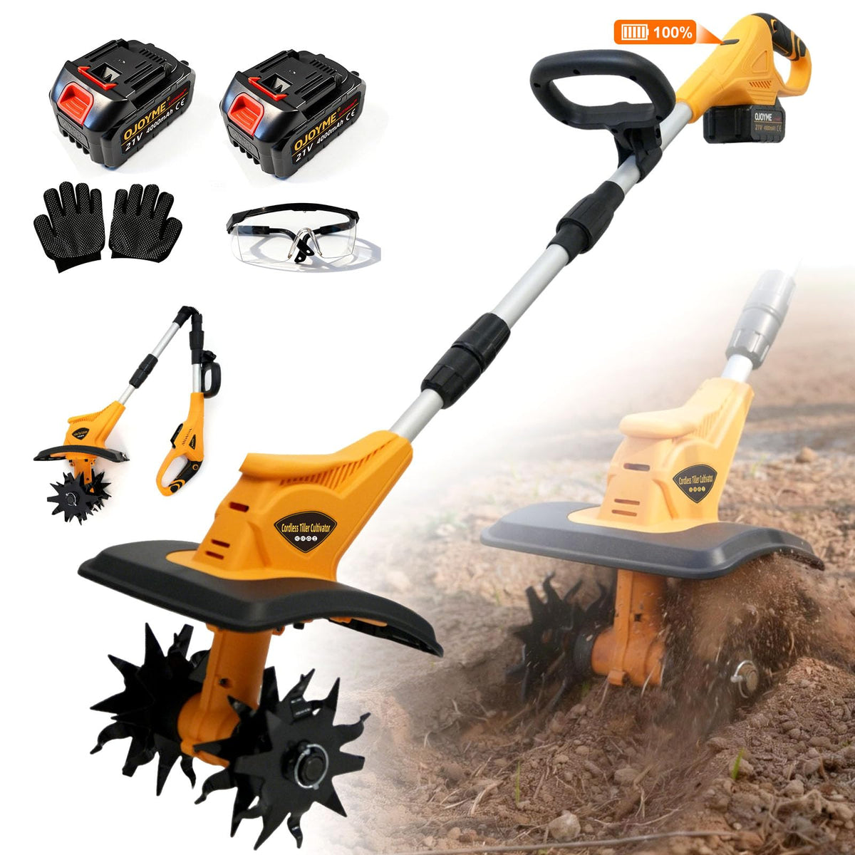 21V Cordless Tiller Cultivator for Gardening with 2 x Batteries