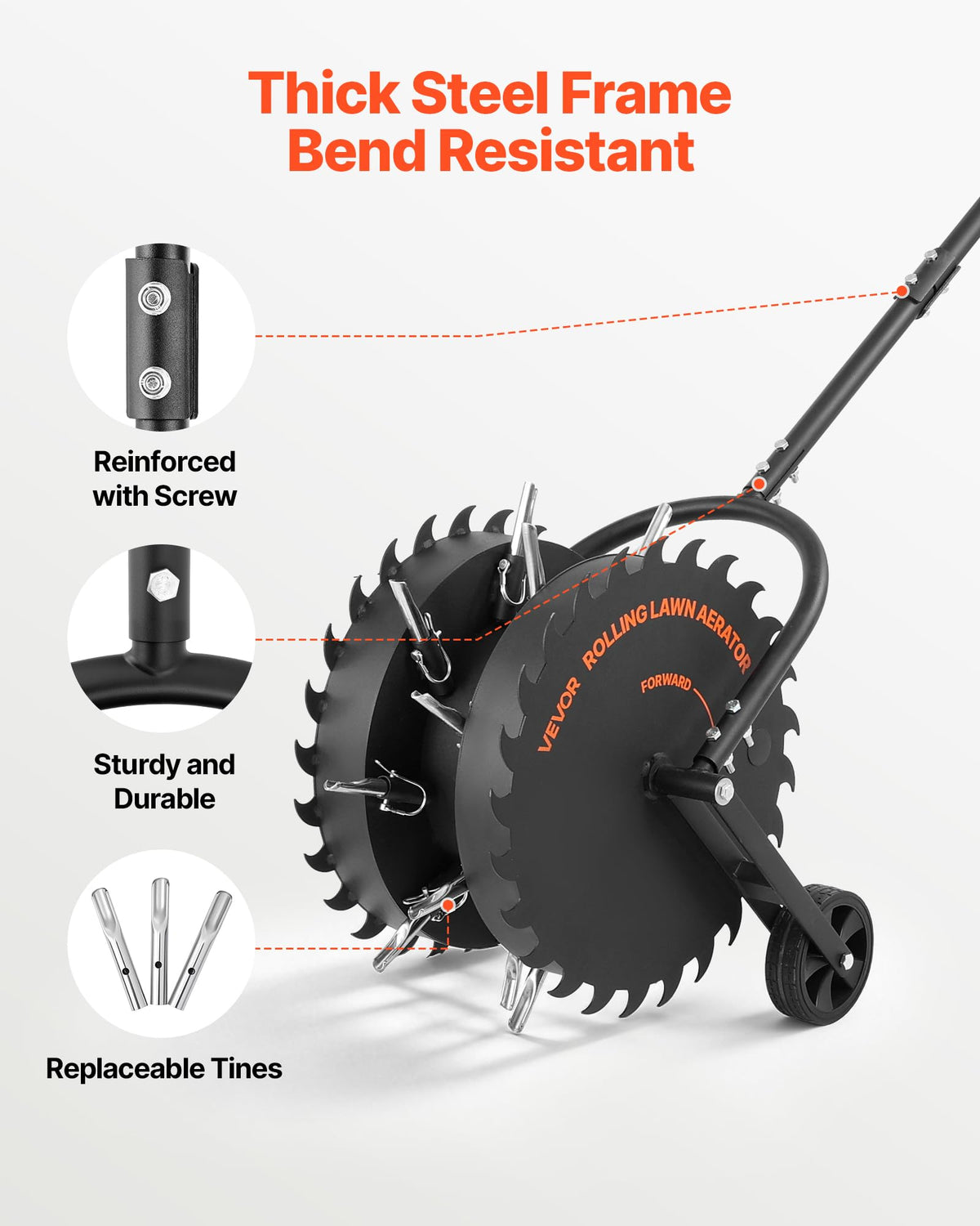 VEVOR Rolling Lawn Core Aerator, 16.6 in Coring Aerator Roller with Anti-Clog Tines, Heavy Duty & Rust-Resistant, Yard Grass Pulling Plugs Manual Aeration Tool for Compacted Garden Soil Loosening