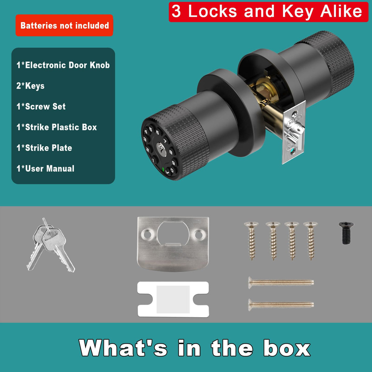 3 Pack Black Key Alike Keyless Electronic Door Knobs with Backlit Keypad, Heavy-Duty Lock, Auto-Lock, Weather Resistant