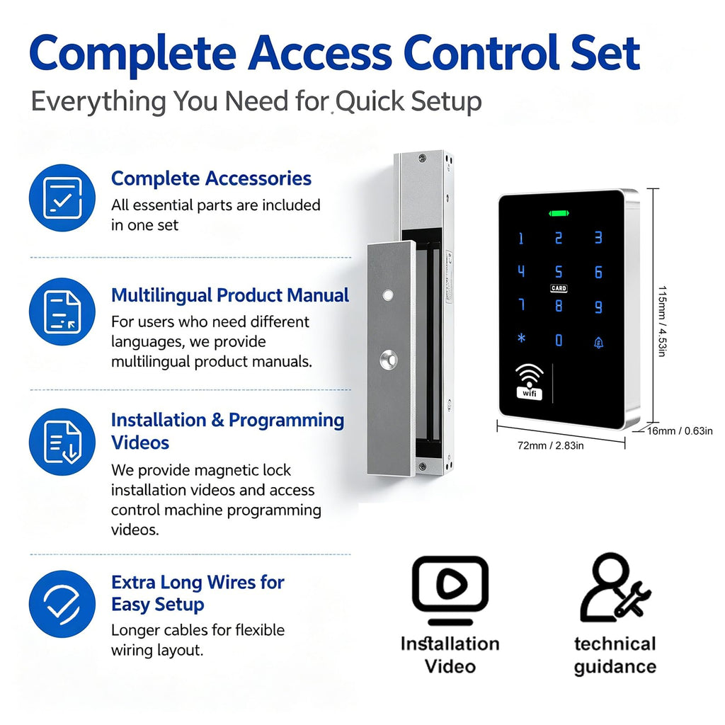 WiFi TUYA Complete Security Access System Kit with Waterproof RFID Touch Keypad Door Lock, Smart Remote Door Opener, App，600-Pound Electric Magnetic Lock + ZL, Metal Sensor Switch, Doorbel
