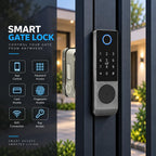 smart latch double gate lock, electronic gate latch for outdoor fence, waterproof keyless smart rim lock, electric double sided keypad locks, Fingerprint, Passcode, Key, IC Card, Tuya App
