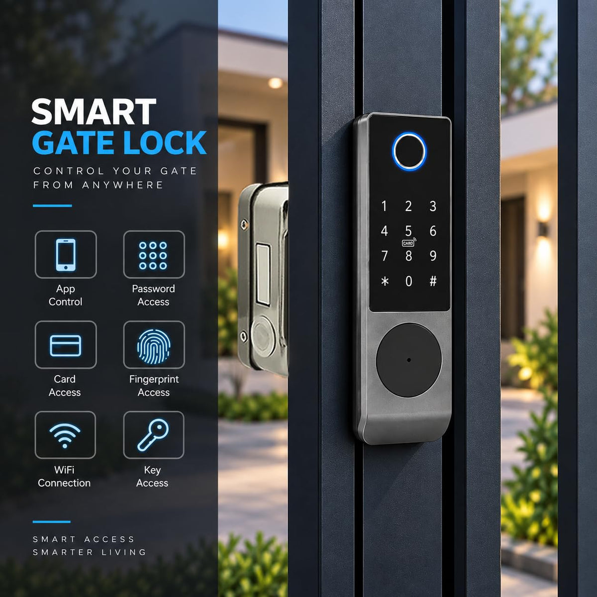 smart latch double gate lock, electronic gate latch for outdoor fence, waterproof keyless smart rim lock, electric double sided keypad locks, Fingerprint, Passcode, Key, IC Card, Tuya App