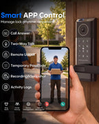 Smart Door Lock with Camera & Video Doorbell, Fingerprint Keypad, App Remote Control, 2.4GHz WiFi, IC Card, Auto Lock, Keyless Entry Deadbolt Lock with Handle for Front Door