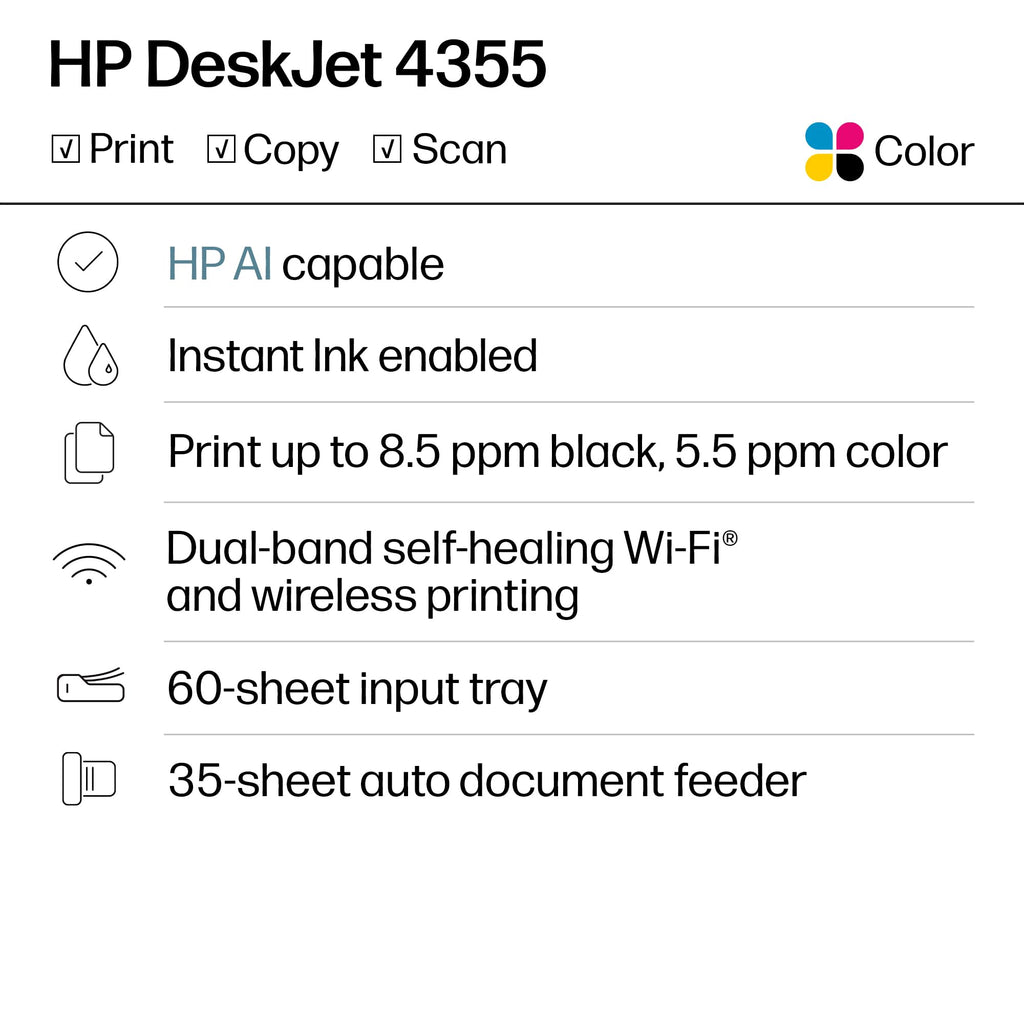 HP DeskJet 4355 Color Inkjet Printer | Wireless | All-in-One