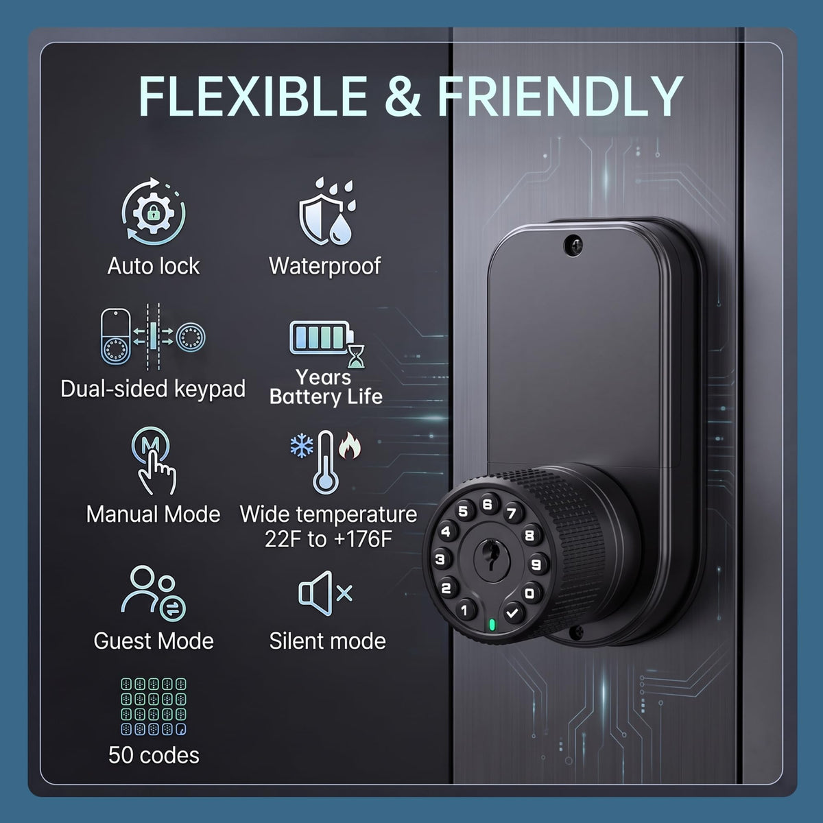 IU32 Double Sided Keypad Door Knob with Dual Cylinders and Key Alike, All-Weather Door Lock for Entrance, Fence, Garden Gate, Swimming Pool, in and Out Security Control. (Matte Black)