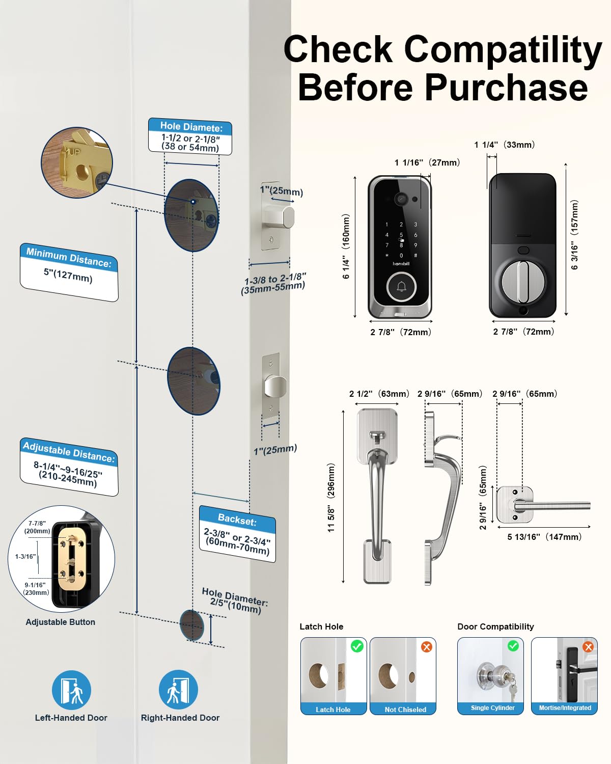 Smart Front Door Lock Sets: 2K HD Camera Lock with Doorbell Kits, Hornbill Fingerprint Keyless Entry Door Lock with Handles, WiFi Deadbolt (only 2.4G) for Remote Control, Auto Lock,Satin Nickel