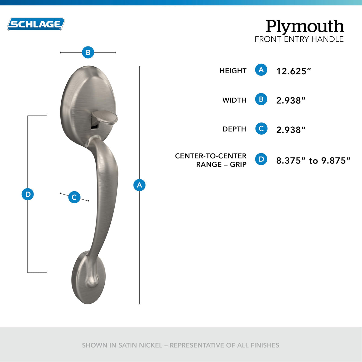 SCHLAGE Plymouth Entry Handleset, Left Hand Flair Lever, Satin Nickel