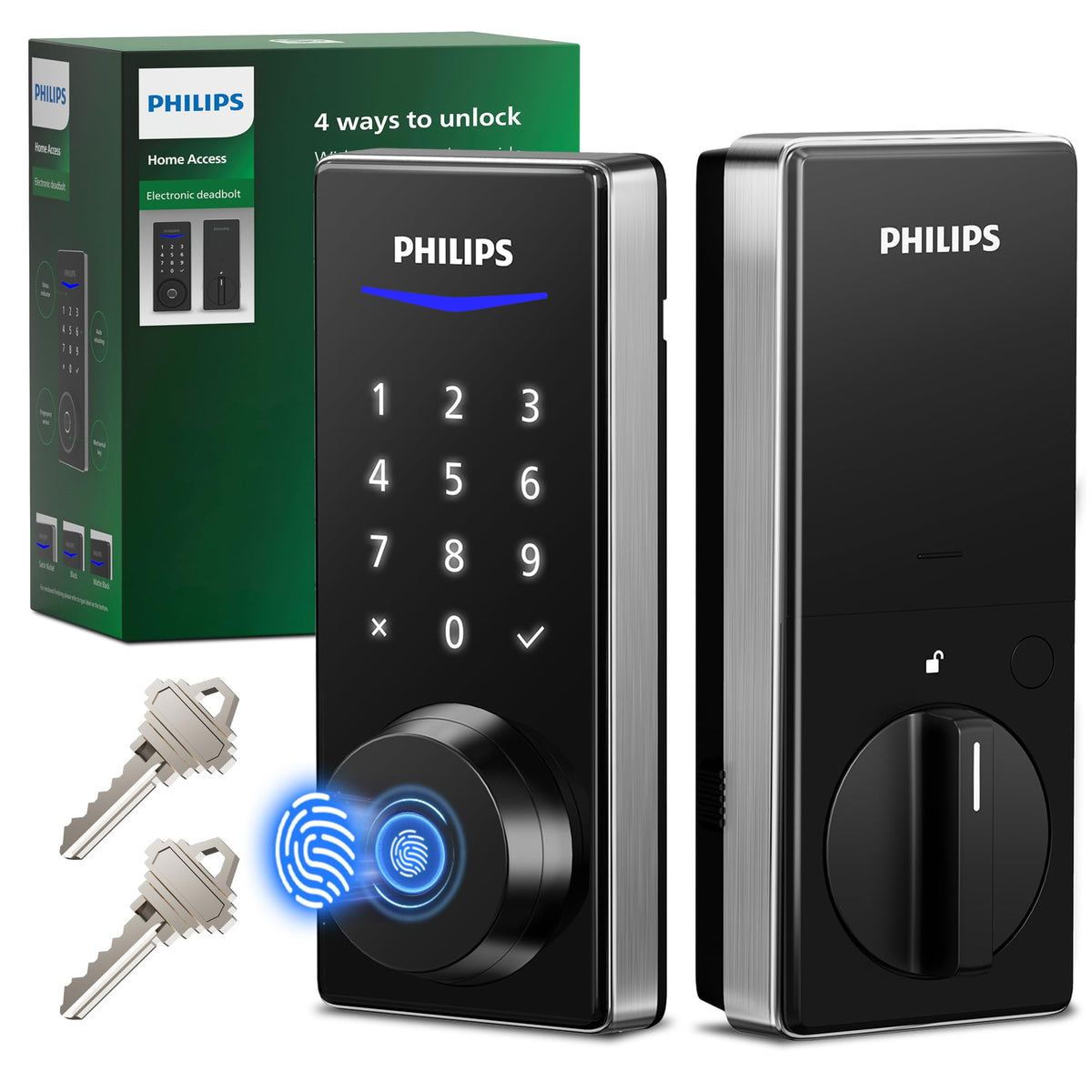 Philips Fingerprint Keyless Entry Door Lock, Electronic Door Lock with Touchscreen, Long-Lasting Battery, Auto Locking, One-Time Code, Keypad Deadbolt, One-Touch Locking, Matte Black
