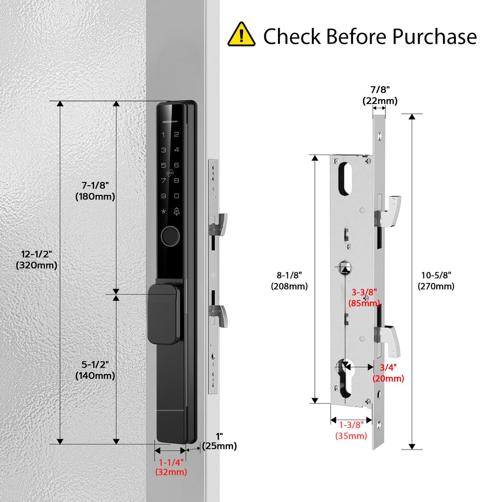 Sliding Glass Door Lock 2085 Ultra-Slim eLinkSmart Waterproof Keyless Mortise Smart Lock with Hook for Door Thickness 22~110mm (0.87"-4.33"), Aluminum Keypad Fingerprint Patio Door Tuya App