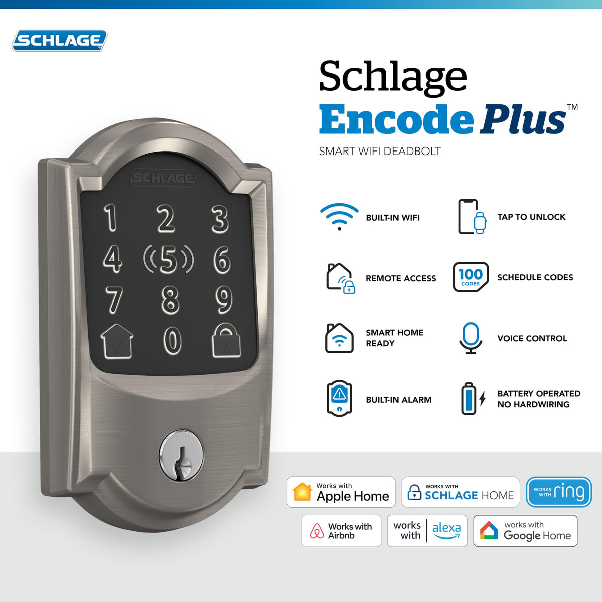 Schlage Encode Plus Smart WiFi Deadbolt Lock, Tap to Unlock, Satin Nickel