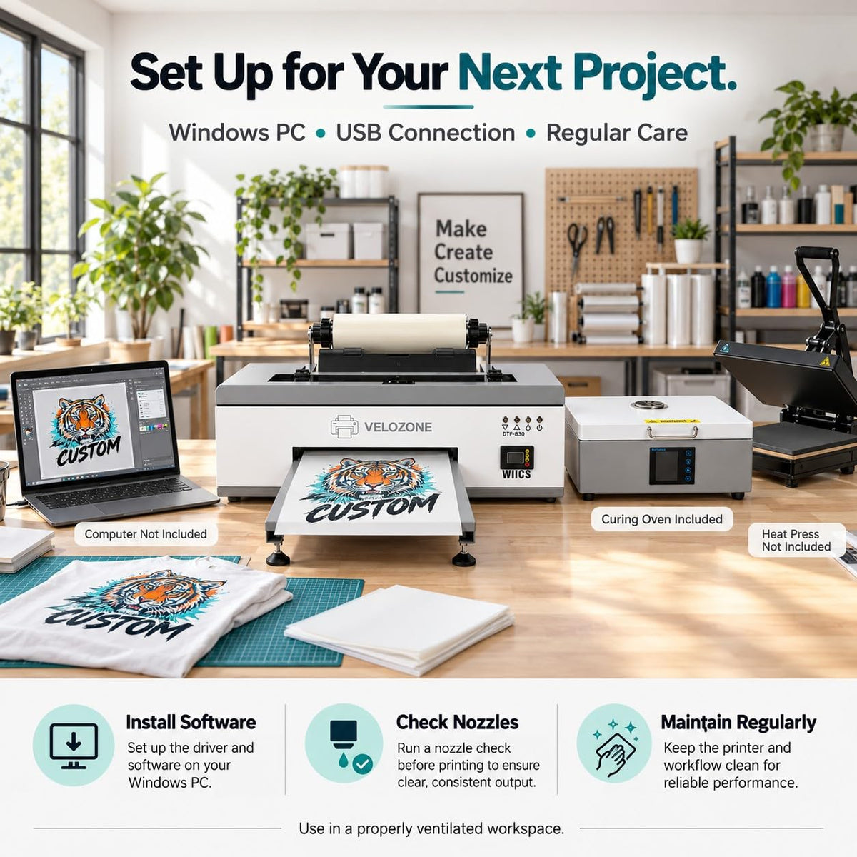 A3 DTF Printer with Curing Oven, Direct to Film Printing Bundle for T-Shirts, White Ink Circulation, 300 mm Print Width, Film Roll and Inks Included