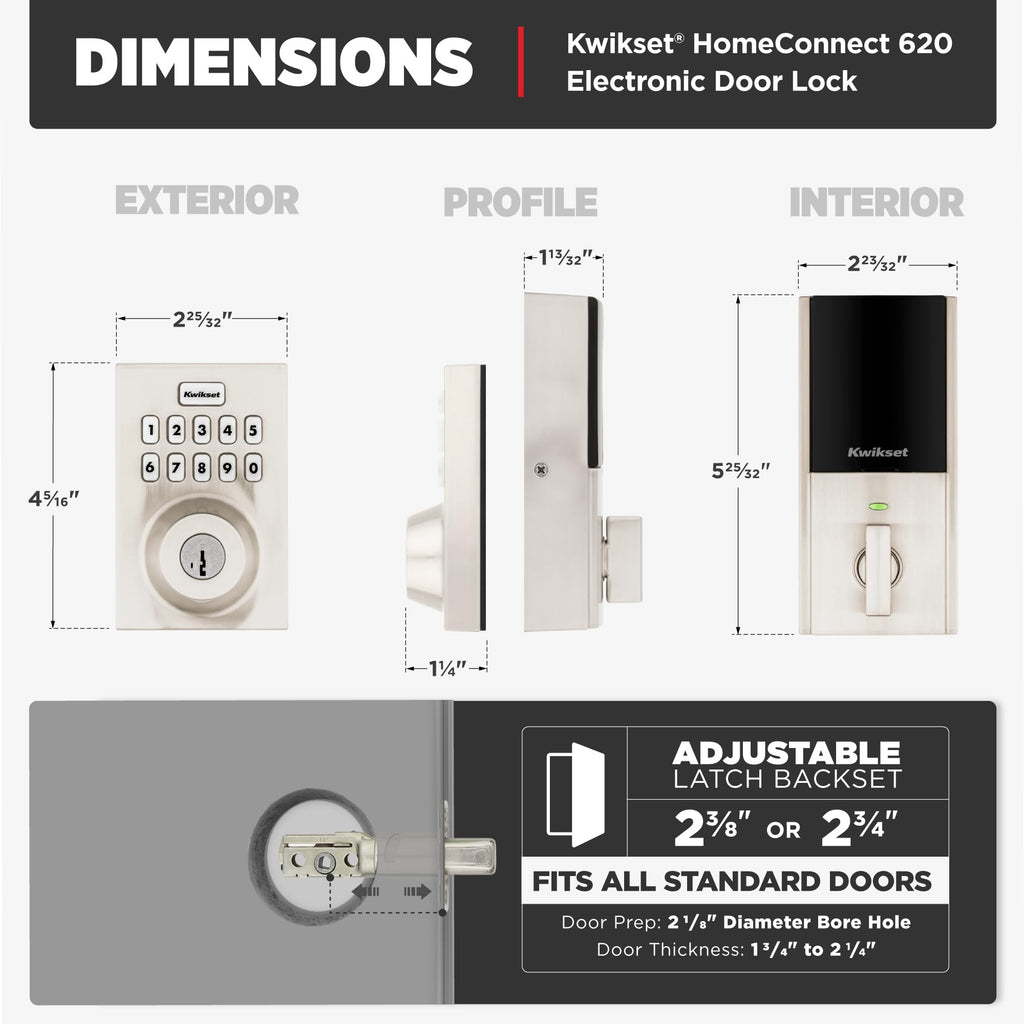 Kwikset HomeConnect 620 Z-Wave Long Range Enabled Keypad Smart Lock Convenient Keyless Entry, Customizable User Codes, Ring Alarm Compatible, Hub Required, Sold Separately Satin Nickel Contemporary